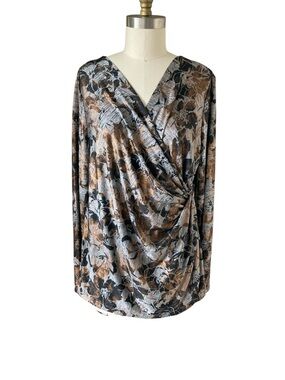 NIC+ZOE Metallic Bronze and Black Floral Draped Wrap-Front Long Sleeve Top